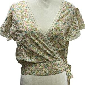 Jennifer & Grace Teacup Liberty Floral Faux Wrap Tie Crop Top SZ M Spring NEW